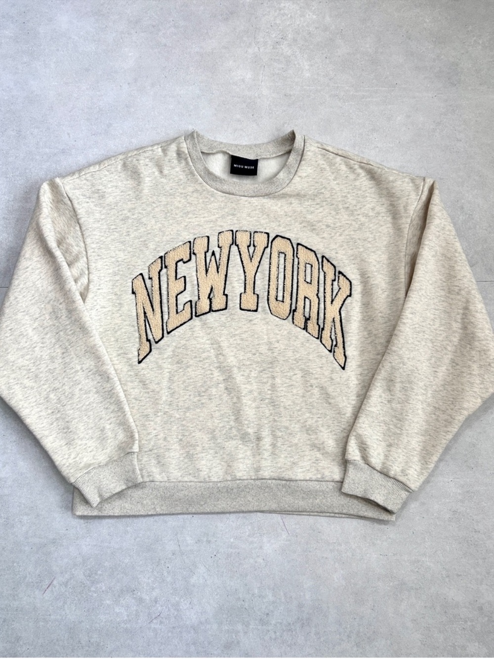 Miou Muse New York Bouclé Sweatshirt Size S Cream Oatmeal Varsity